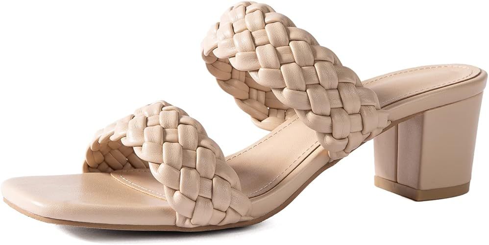 Women Heels Sandals Woven Chunky Heels Braided Nude Square Toes Leather Comfortable Strappy Dress... | Amazon (US)