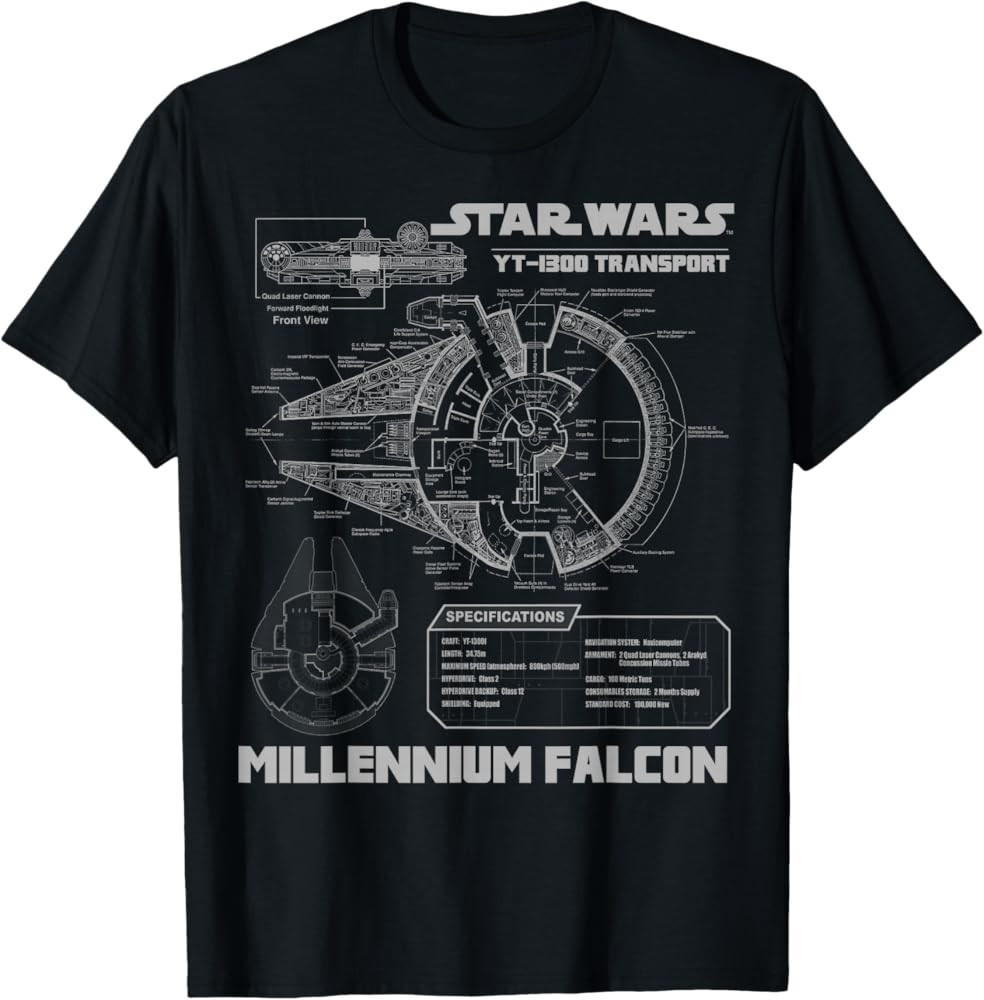 Star Wars Millennium Falcon Grey Schematics Graphic T-Shirt T-Shirt | Amazon (US)