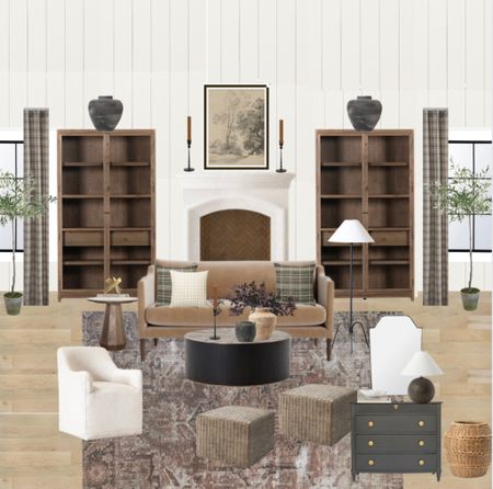 Living room get the look, mcgee and co, bookcase , accent chair, coffee table, fireplace, basket, sketch, plaid curtains, coffee tables, modern living room

#LTKsalealert #LTKstyletip #LTKhome