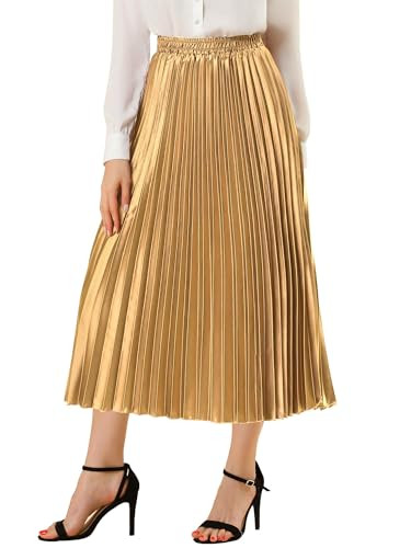 Allegra K Women Pleated Skirt Midi Length Elastic High Waisted A Line Metallic Shirring Party Skirts Small Gold | Amazon (US)