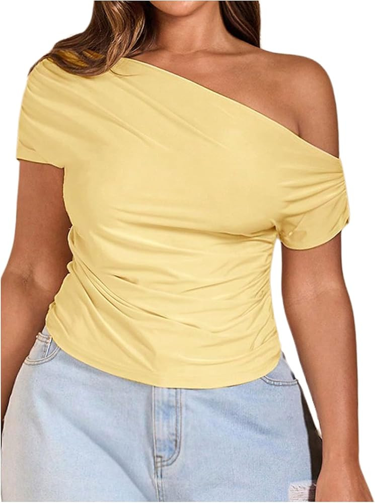MakeMeChic Women's Plus Size Off The Shoulder Tee Shirt Ruched Short Sleeve Summer Top Y2K | Amazon (US)