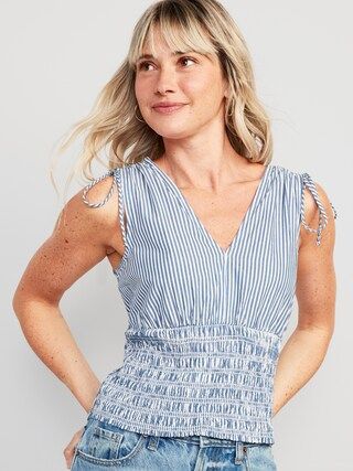 Fitted Striped Sleeveless V-Neck Tie-Shoulder Smocked Blouse for Women | Old Navy (CA)