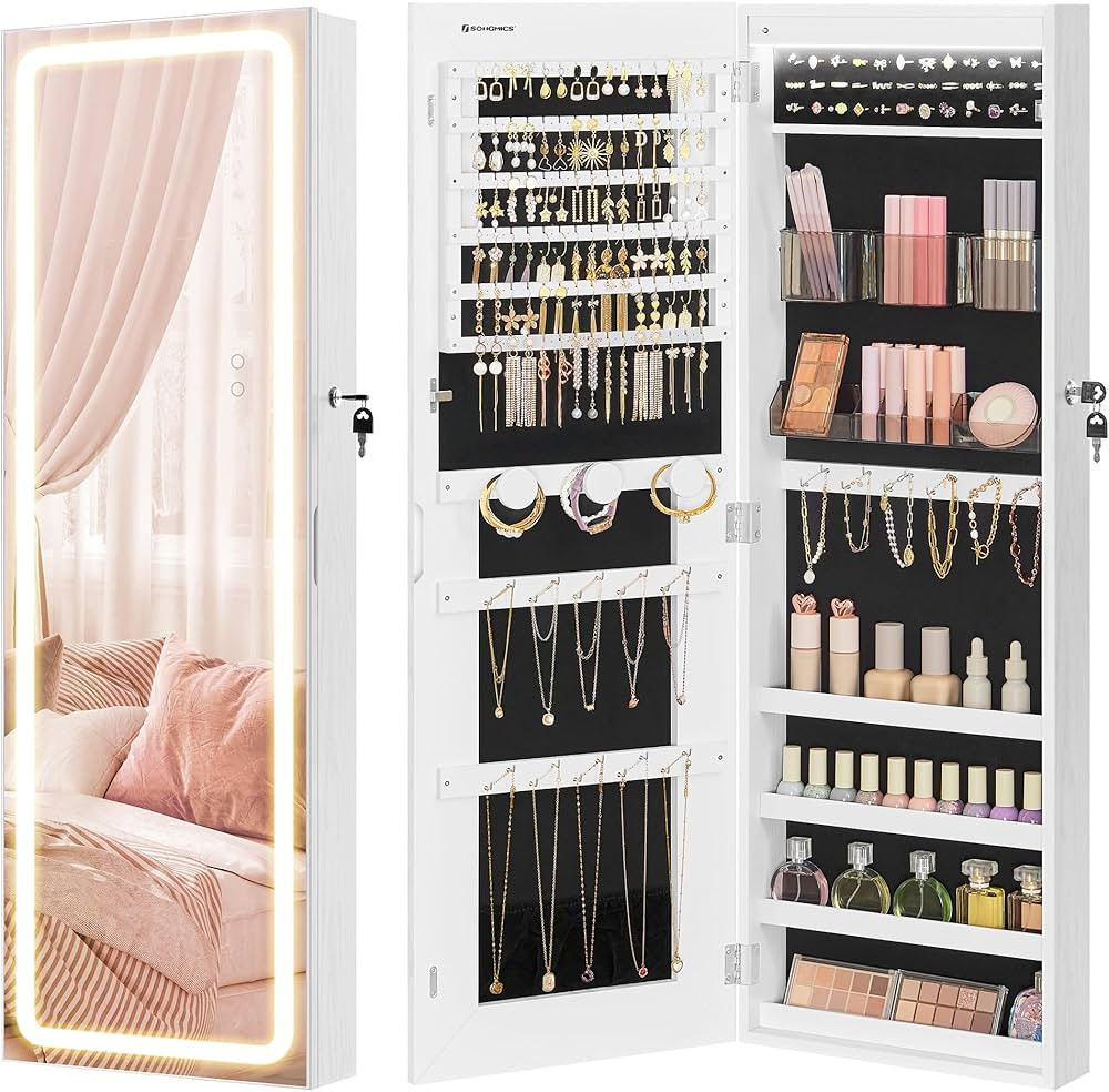 SONGMICS LED Mirror Jewelry Cabinet Armoire, Wall or Door Mounted Jewelry Storage Organizer, Hang... | Amazon (US)
