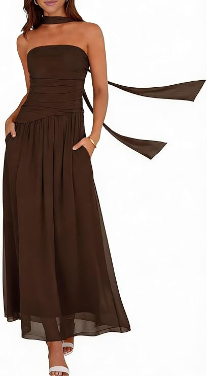 Summer Maxi Dresses for Women 2026 Strapless Ruched Tube Dress with Scarf Beach Vacation Spring W... | Amazon (US)