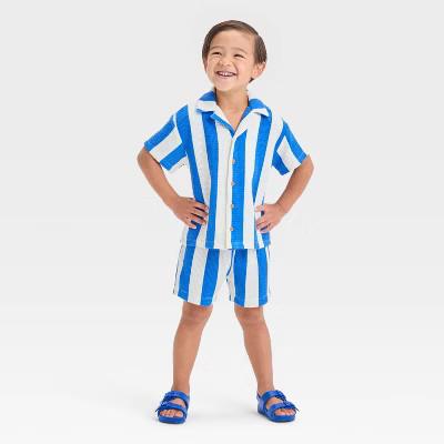 Grayson Mini Toddler Boys' Short Sleeve Vertical Striped Thermal Knit Shirt and Shorts Set - Blue | Target