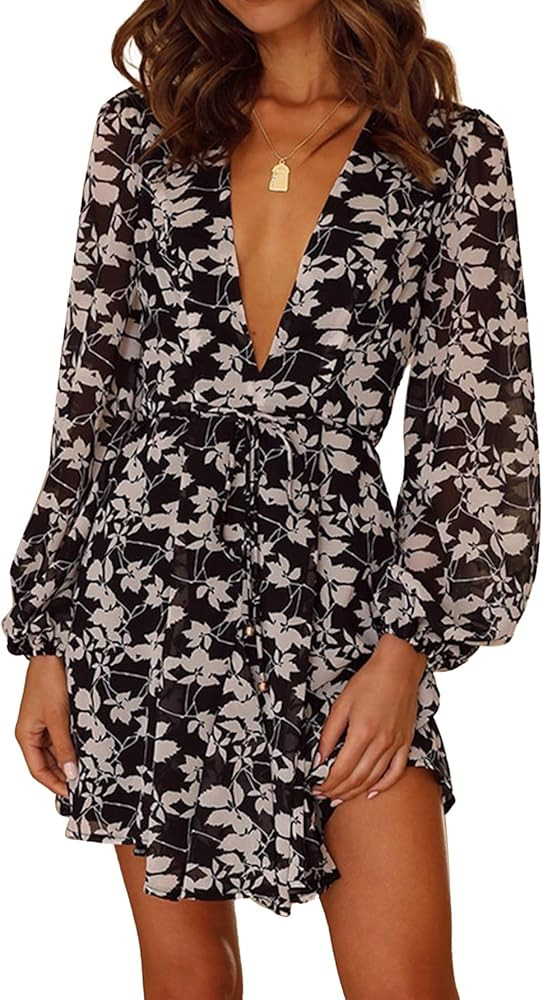 LYANER Women's Floral Print Deep V Neck Lantern Long Sleeve Tie Waist Ruffle Hem Mini Short Dress | Amazon (US)
