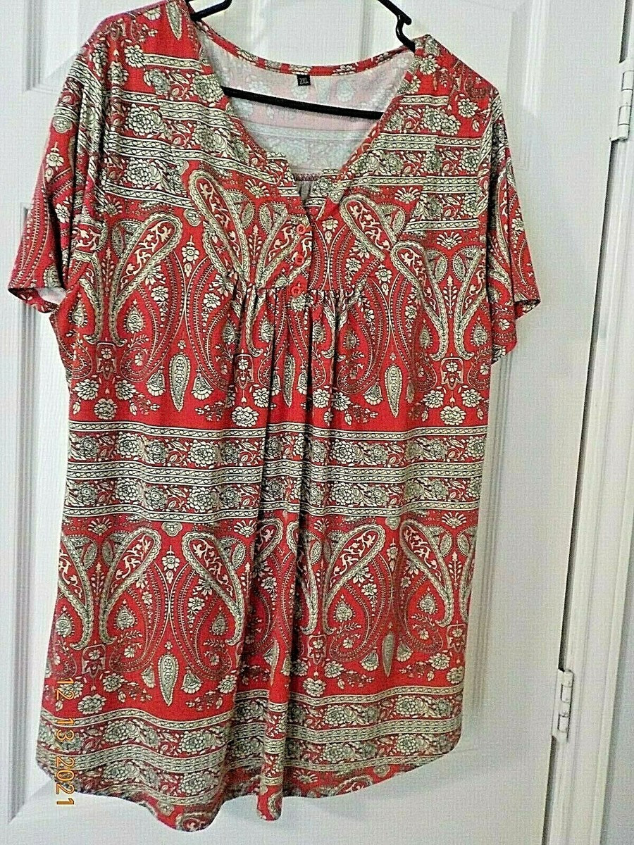 FOLUNSI WOMANS TOP SIZE 2X RED PAISLEY POLY/SPANDEX HENLEY SHORT SLEEVE | eBay US