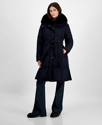 Women's Faux-Fur-Collar Belted Puffer Coat, Created for Macy's | Macy's