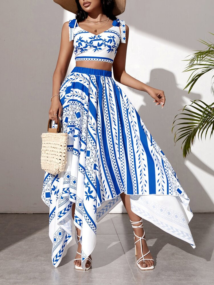 Geo Print Tie Shoulder Crop Cami Top & Hanky Hem Skirt | SHEIN