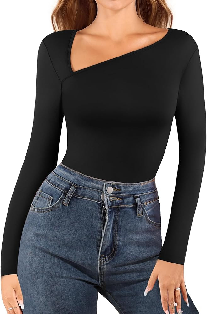 MANGOPOP Women Asymmetrical Neck Long Sleeve Basic T shirt Thong Bodysuit Tops | Amazon (CA)