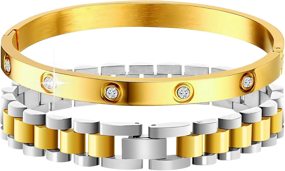 Stacked Bracelets for Women, Adjustable Watch Band Wristband and CZ Bangle Bracelet Stack, Thick ... | Amazon (US)