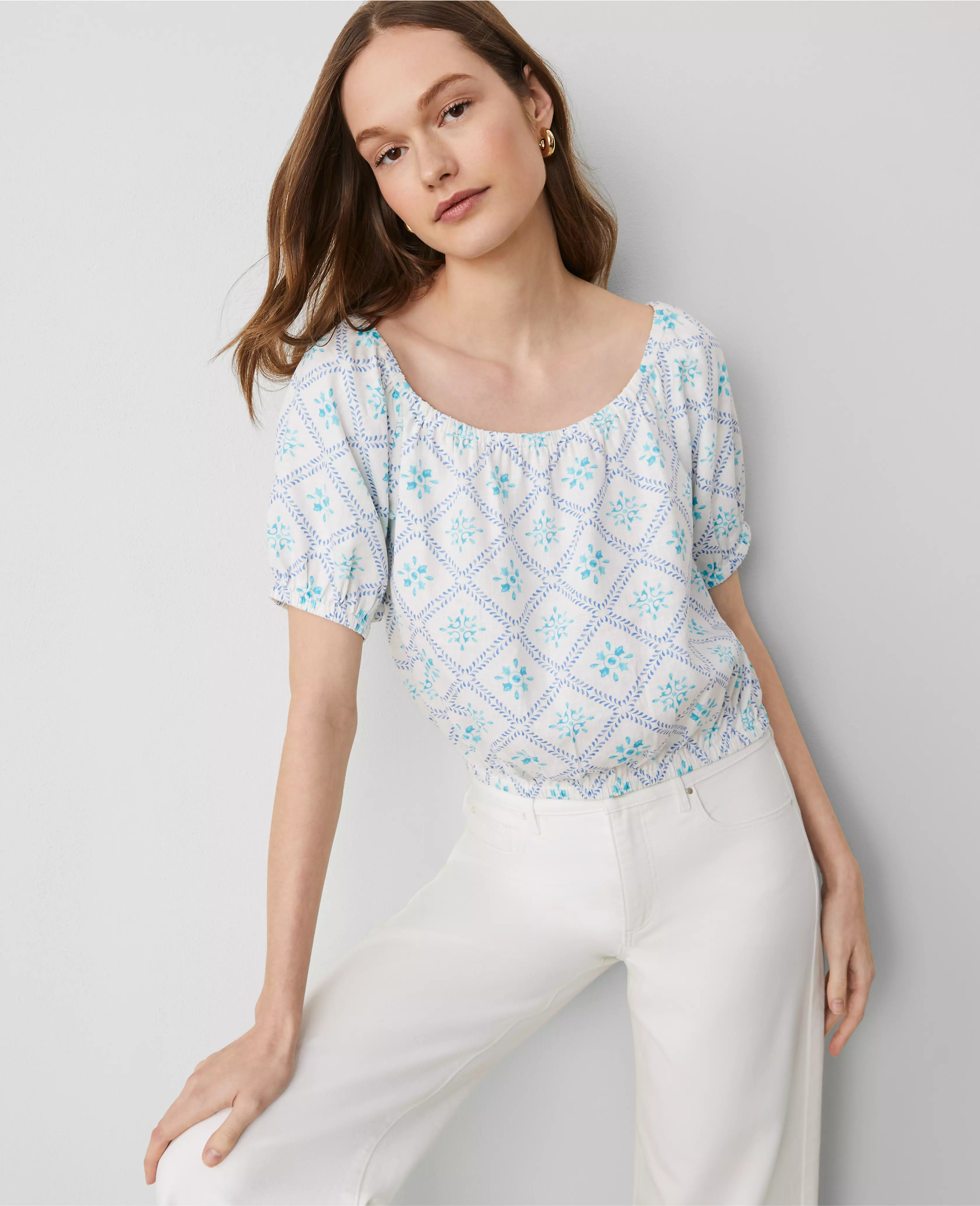 Tiled Linen-Blend Bubble Hem Blouse | Ann Taylor