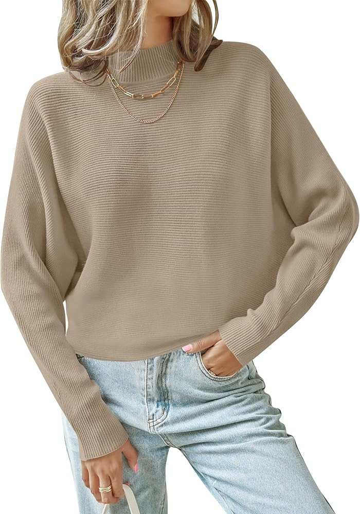 ZESICA Women's 2023 Fall Turtleneck Batwing Long Sleeve Ribbed Knit Casual Soft Pullover Sweater ... | Amazon (US)