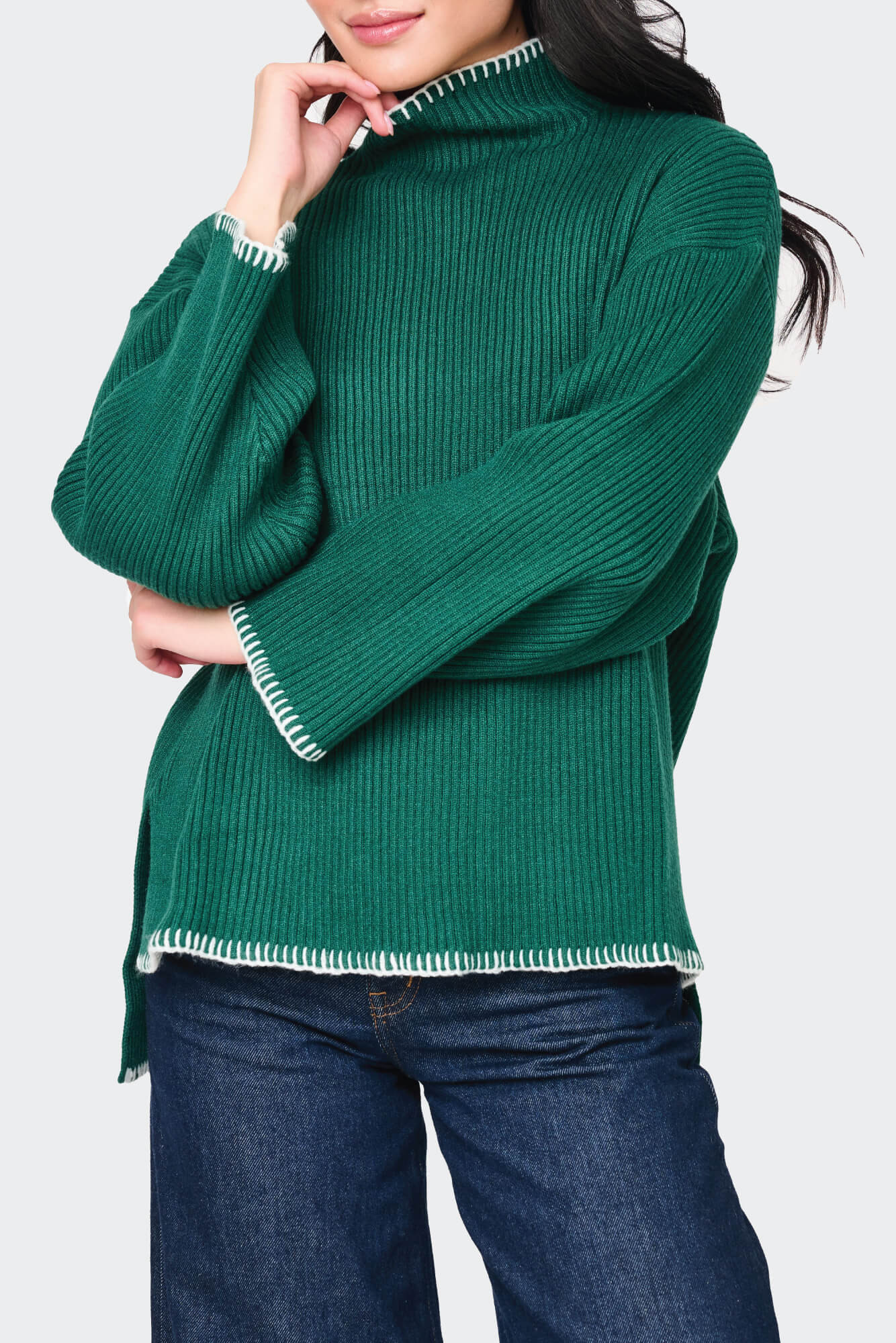 Funnel Neck Whipstitch Tunic Sweater | Cozy Knit Top | Gibson