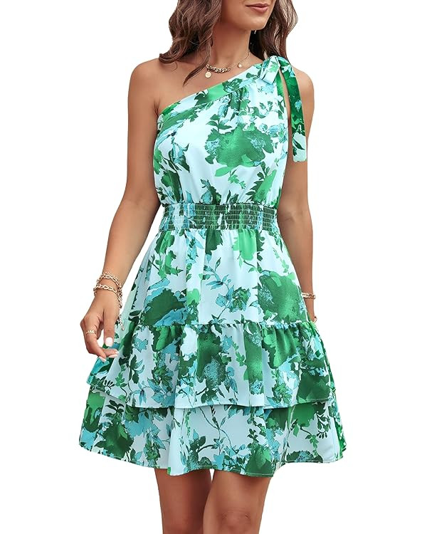 PRETTYGARDEN Women's Summer Tie One Shoulder Boho Floral Dress Elastic Waist Tiered Ruffle A Line... | Amazon (US)