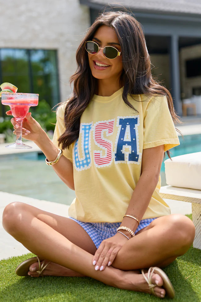 USA Lace Print Yellow Graphic Tee | Pink Lily