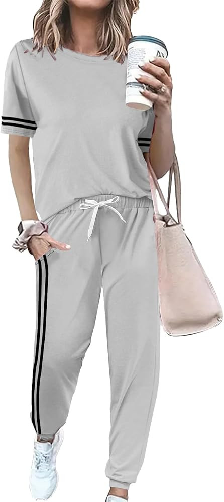 Women 2 Piece Outfits Summer Set Striped Short Sleeve Sweatsuits Crew Neck Pullover Lounge Tracks... | Amazon (US)