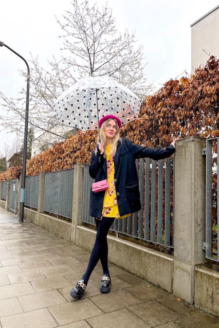 Yellow Dress. Fashion Blogger Girl by Style Blog Heartfelt Hunt. Girl with blond hair wearing a yellow dress, pink beret, oversized blazer, pink mini bag and chunky loafers. #springdress #floraldress #oversizedblazer #springlook
#colorfuloutfit #colorfulstyle #colorfulfashion #colorfullooks #fashionfun #cutespringoutfit #springfashion2023 #springlookbook #fitcheck #dailylooks #dailylookbook #contentcreator #microinfluencer #discoverunder20k