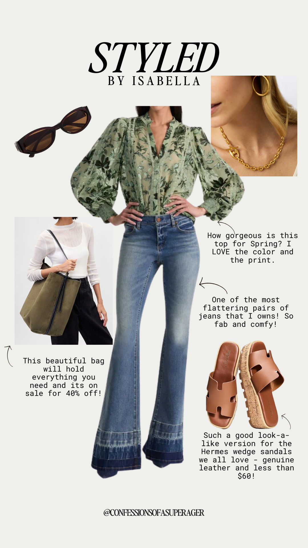 The perfect effortless spring outfit 🌿 This green floral blouse paired with flattering flare jeans is such a chic way to elevate everyday denim, and I styled it with designer-inspired leather wedge sandals (under $60!), oversized tote bag on sale, gold chain jewelry, and classic sunglasses for an easy casual chic spring look. These pieces are versatile wardrobe staples you’ll wear on repeat all season—tap to shop my affordable fashion finds and spring outfit essentials before they sell out! #LTKStyle #LTKFinds #SpringStyle #FlareJeans #DenimStyle #CasualChic #SpringOutfit #EffortlessStyle #EverydayFashion #DesignerInspired #AffordableStyle #CapsuleWardrobe #NeutralStyle #LTKFashion #SpringWardrobe 

 

#LTKSpringSale #LTKootd #LTKSaleAlert