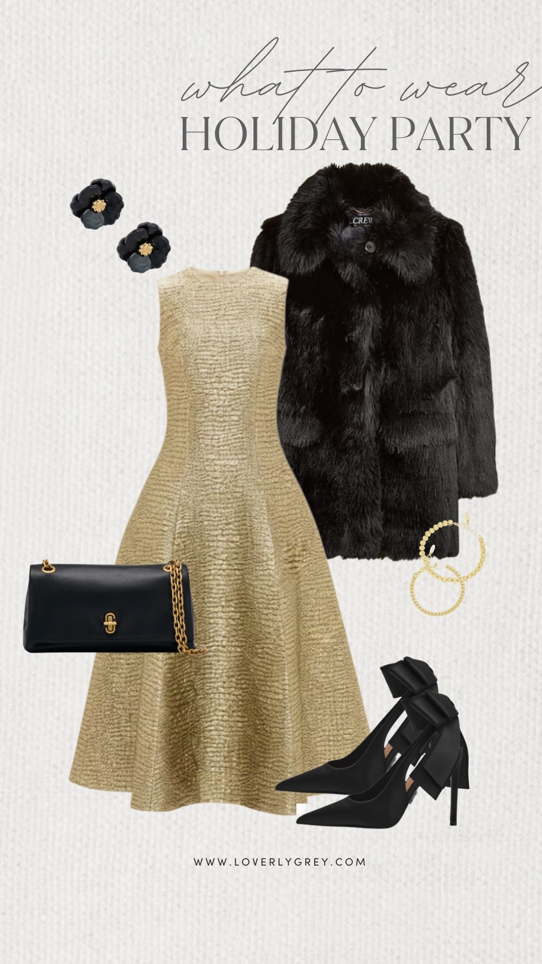 Loverly Grey, what to wear to a holiday party. I am loving this gold dress from Tuckernuck paired with a black J.Crew jacket. Add fun earrings, a simple black bag, and heels with a cute bow detail to finish the look. Loverly Grey, what to wear. 

#LTKgrwm #LTKHoliday #LTKSeasonal