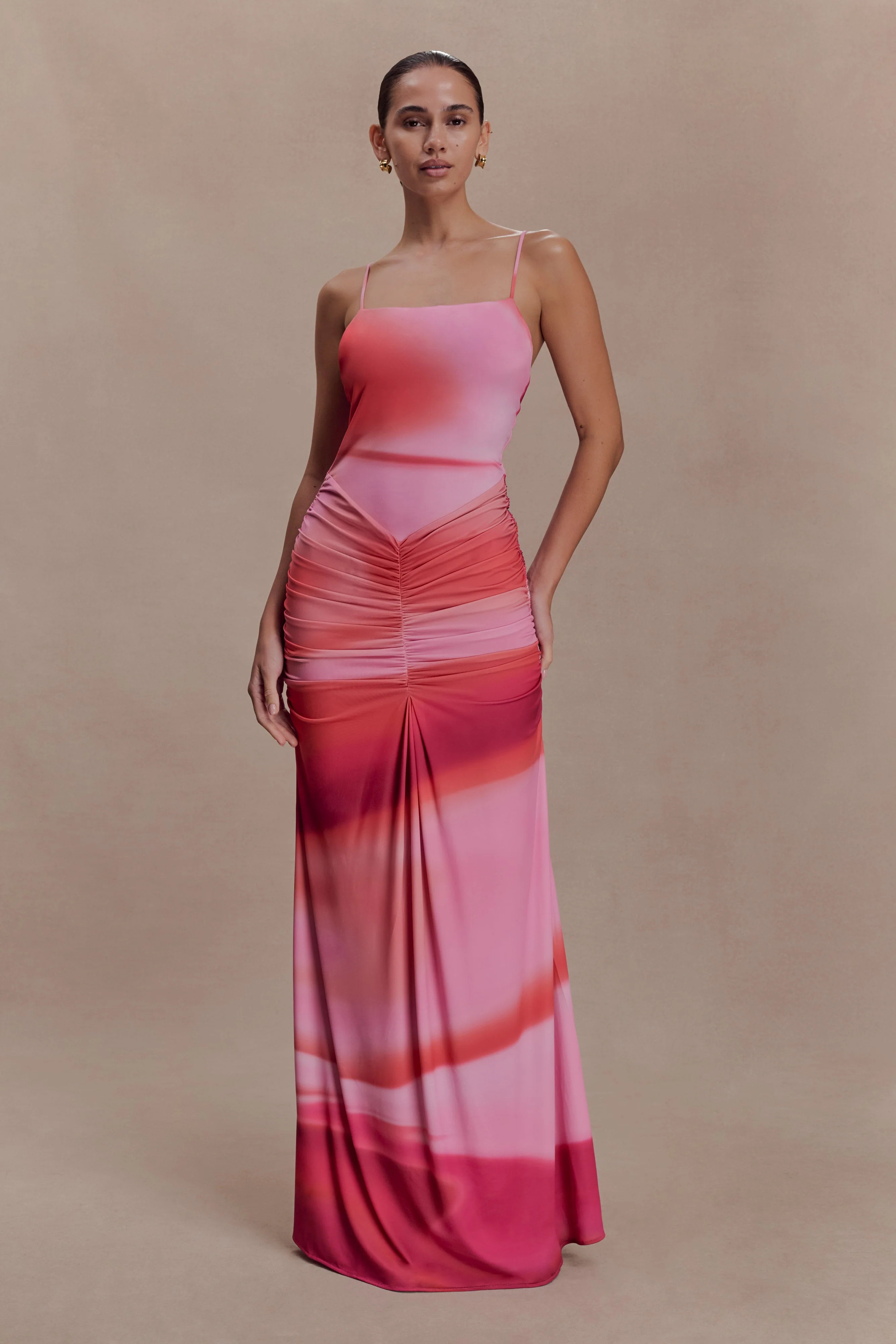 Roisin Slinky Maxi Dress - Pink Sunset Print | MESHKI US