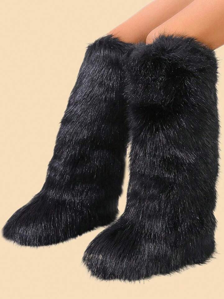 Women's Flat Heel High-Top Snow Boots, Warm Tall Shaft Fluffy Lined Mid-Calf Round Toe Winter Sno... | SHEIN