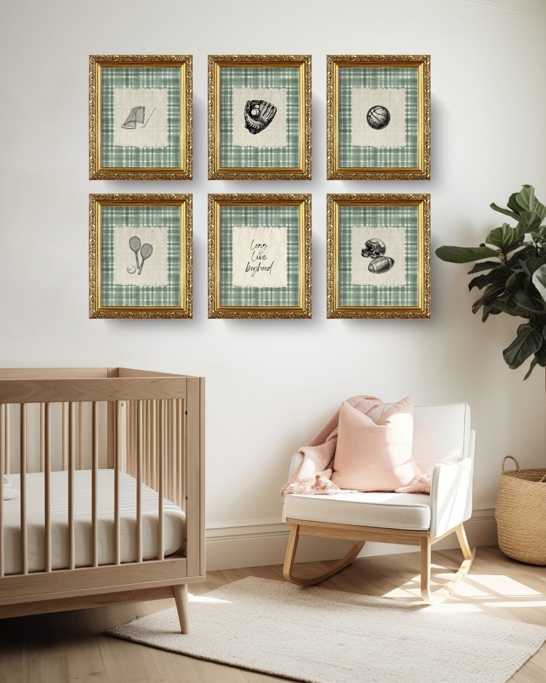 Baby boy room ideas for vintage sports themed nursery! This nursery theme for baby boys is my favorite! The details of the hand sketched sport drawings and the vintage green plaid is such a fun touch that feels timeless! Would also be such a fun theme for kids playroom decor or even a baby shower or birthday party!! Nursery furniture, nursery plant, nursery rocker, baby boys room wall art #vintageplaidnursery #vintagesportstheme #playroomdesign #nurserywallart #greensportnursery #sportsposter #boyroomideas #preppydormdecor #plaid #falldecor 

#LTKFindsUnder50 #LTKSeasonal #LTKBaby