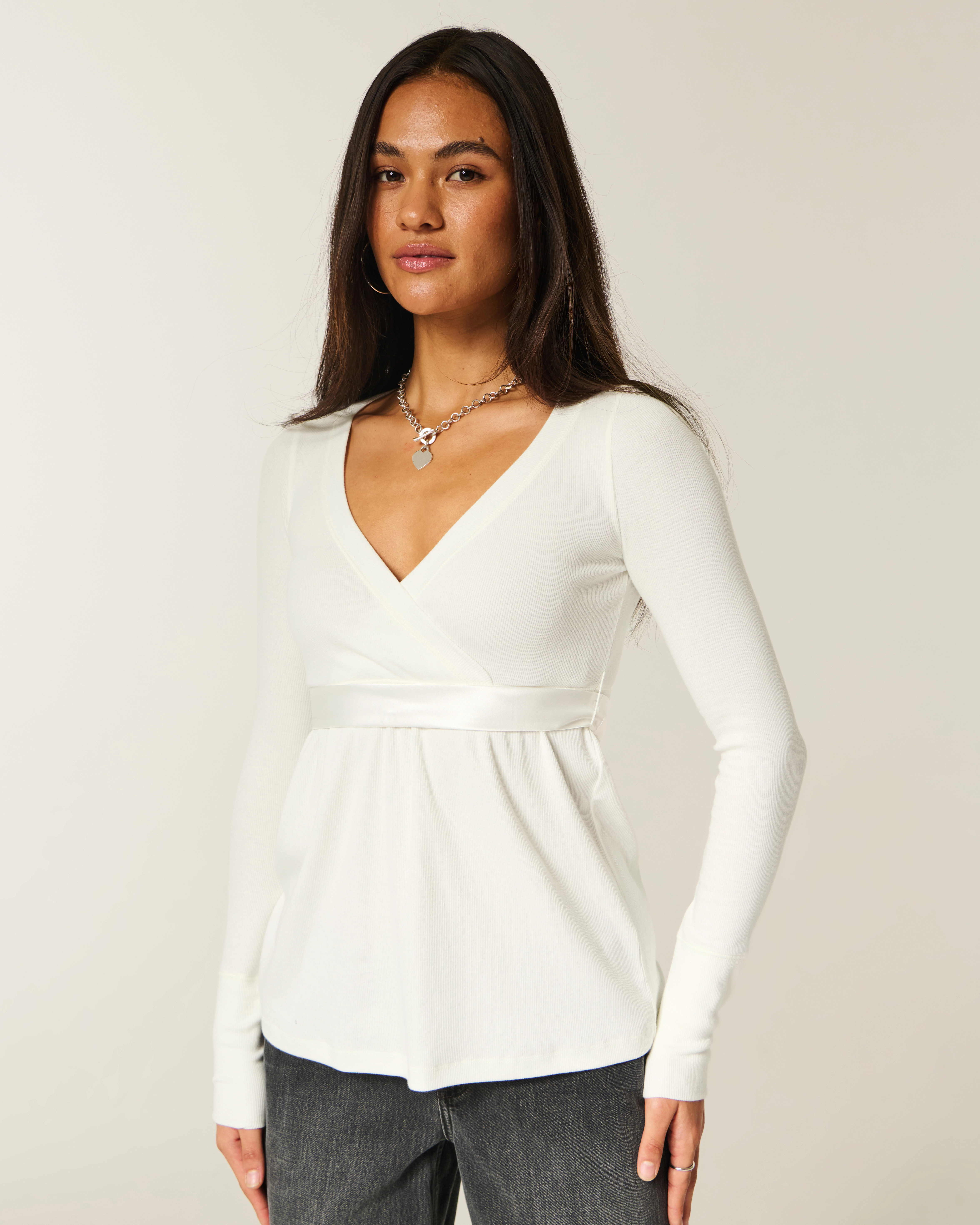 Easy Long-Sleeve Wrap-Front Babydoll Top | Hollister (US)