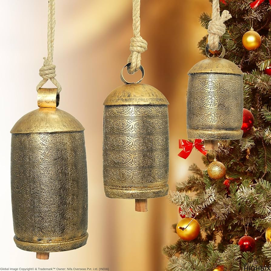 HIGHBIX Shabby Chic Floral Etching 3 Bell Set X-Large Handmade Metal Bells for Farmhouse Decor, G... | Amazon (US)