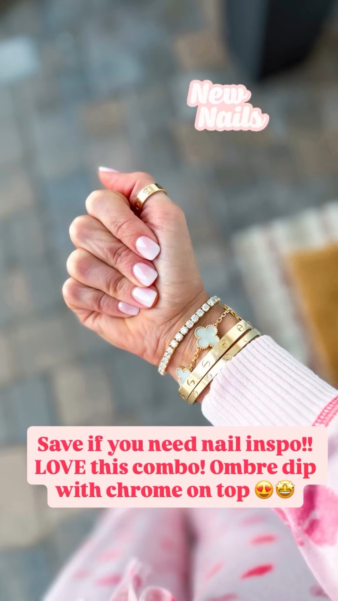 Save if you need nail inspo!! LOVE this combo! Ombre dip with chrome on top 😍🤩 Spring nails. Bridal nails. My Disney week nails! Jewelry is cartier/Van Cleef and diamond bracelet is a custom piece. 

#LTKootd #LTKTravel #LTKBeauty