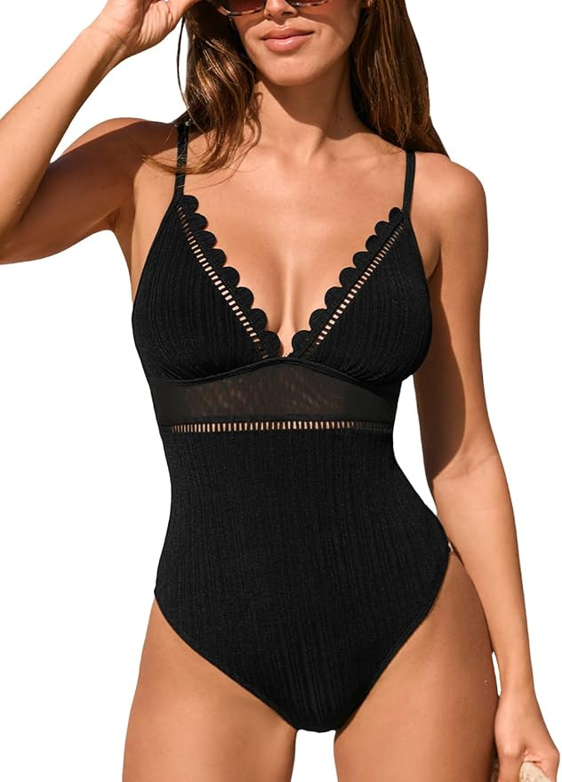 CUPSHE Women's One Piece Swimsuit Scalloped V Neck Bathing Suit Mesh Cutout Adjustable Straps Spa... | Amazon (US)