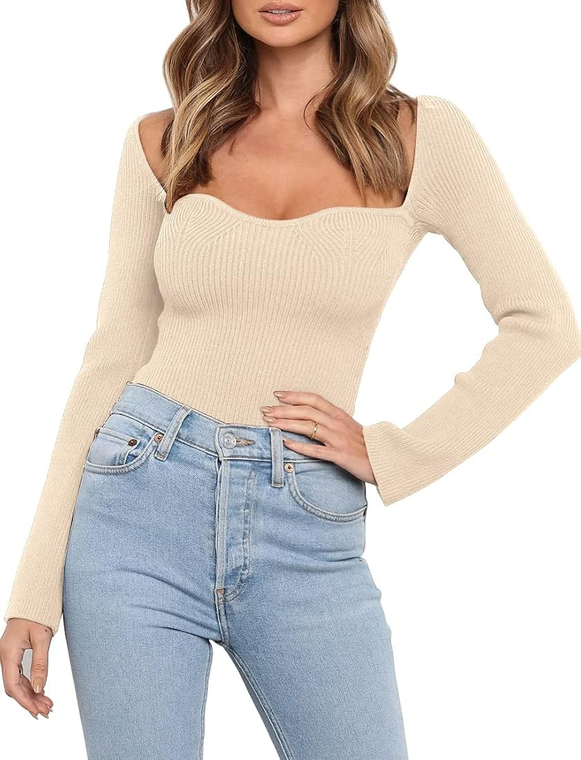 LILLUSORY Women's Sexy Sweetheart Neckline Sweater Square Neck 2022 Fall Long Sleeve Slim Fitted ... | Amazon (US)