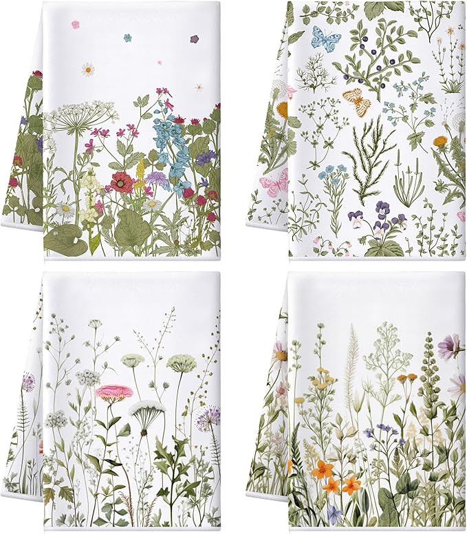 Bencailor 4 Pcs Wild Flower Kitchen Towels Wildflower Floral Hand Dish Towels White Green Leaves ... | Amazon (US)