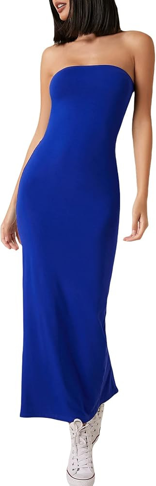 Floerns Women's Solid Strapless Sleeveless Bandeau Tube Top Bodycon Maxi Dress | Amazon (US)