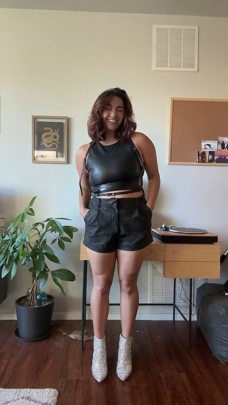 Concert outfit, leather shorts, leather outfit, leather harness, rhinestone boots

#LTKmidsize #LTKstyletip #LTKshoecrush