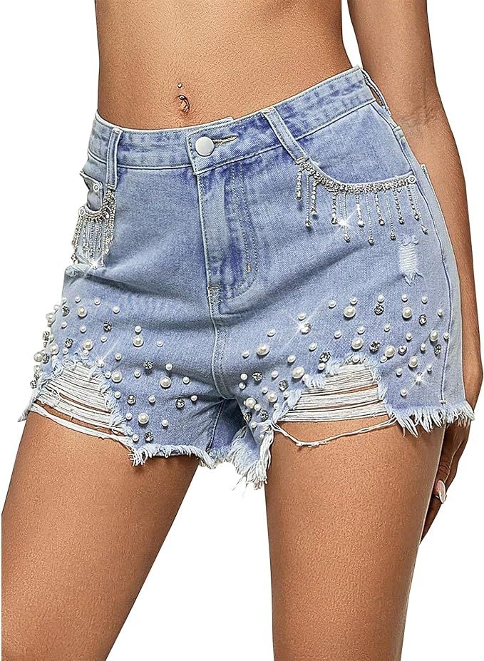 LifeShe Women Denim Short Rhinestone Tassel Jean Short Pearl Beaded Frayed Raw Hem Jean Shorts | Amazon (US)