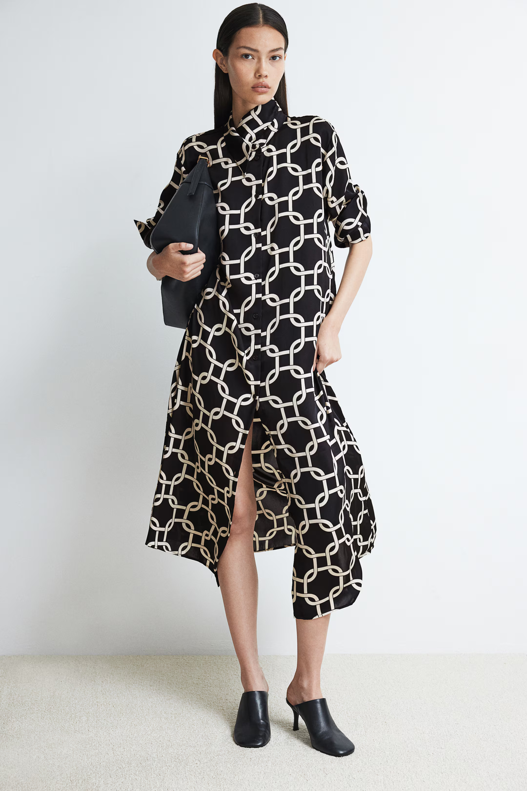 Tie-belt Shirt Dress - Long sleeve - Midi - Black/patterned - Ladies | H&M US | H&M (US + CA)