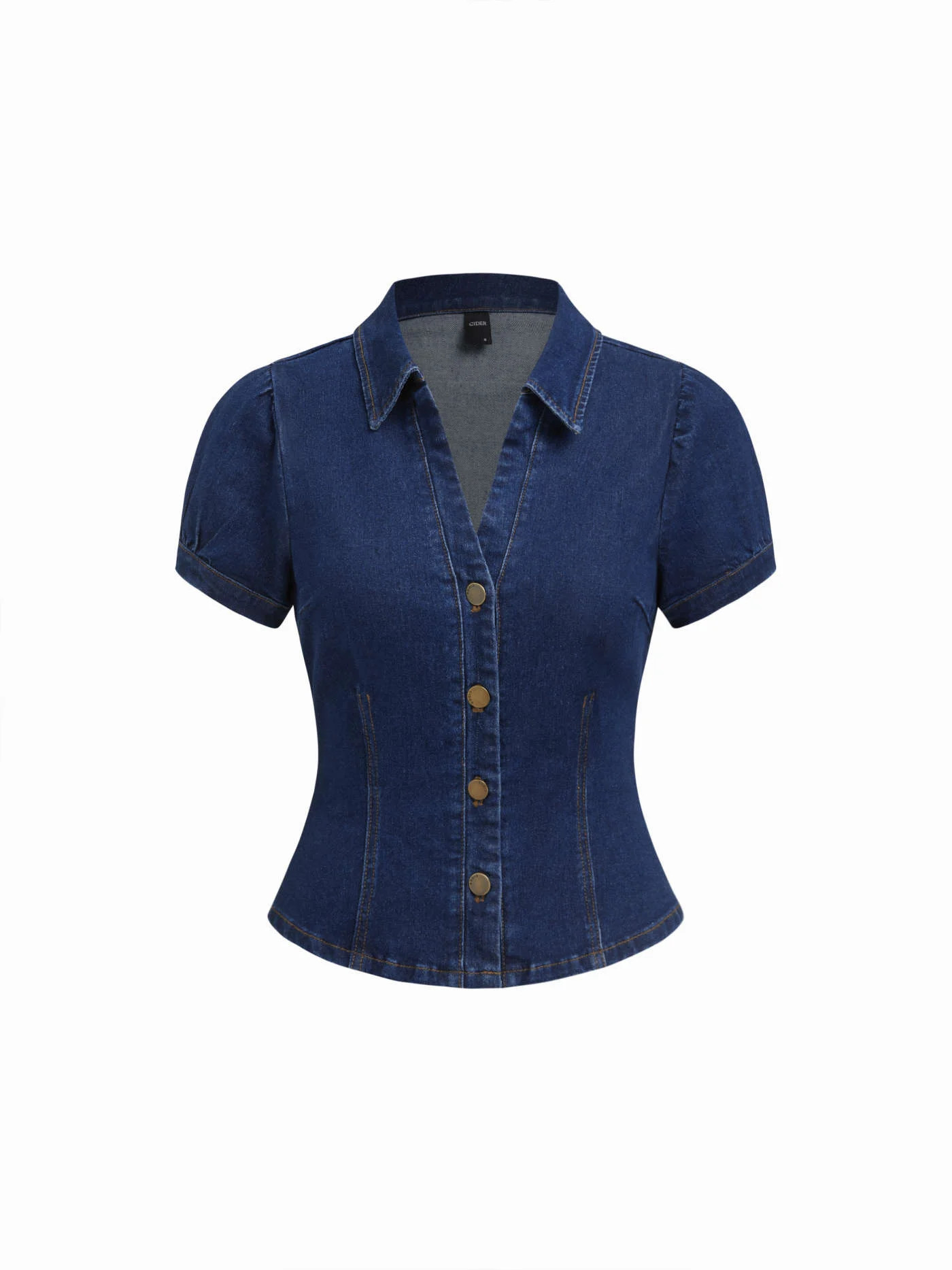 Stretch Denim Collar V-neck Short Sleeve Blouse | Cider