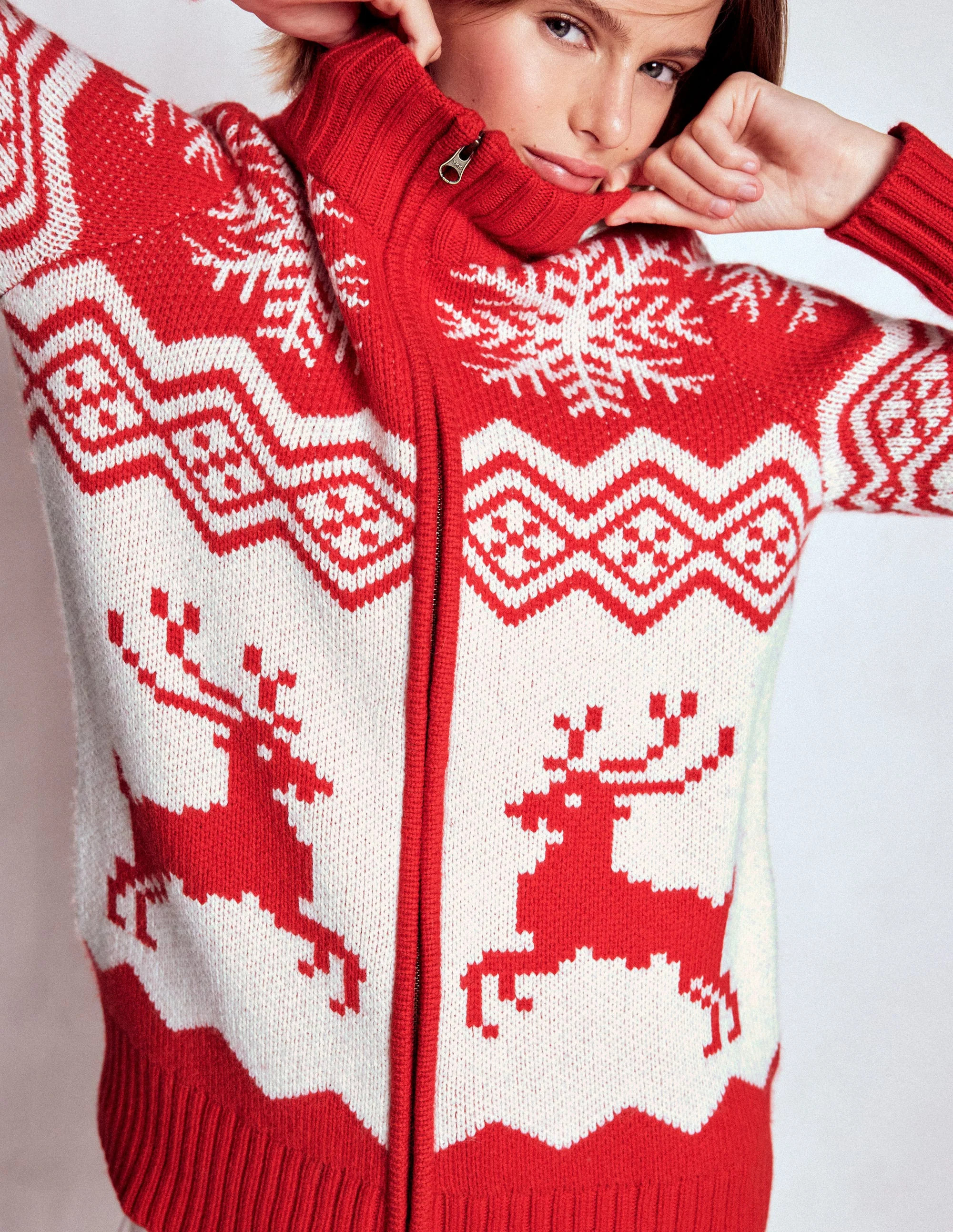 Zip Up Jacquard Cardigan-Poppy Red Reindeer | Boden UK