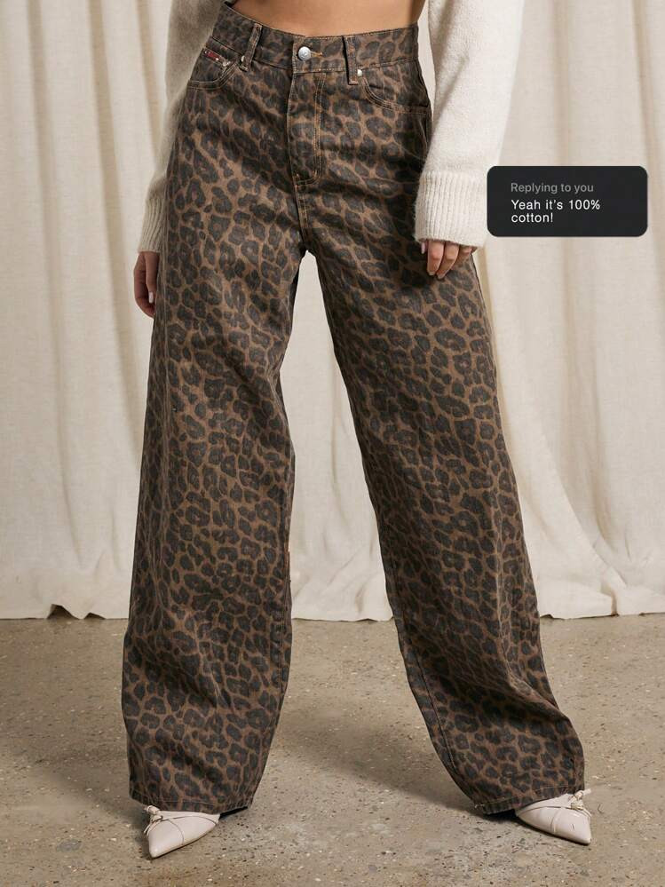 AiiRZ Leopard Print Wide Leg Jeans High Waisted Animal Print Denim Pants Retro Y2K Fashion Statement Bottoms Fall Winter Party Club Streetwear | SHEIN