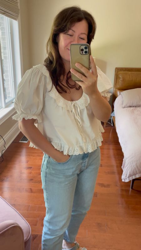 This outfit in action! I love a white blouse paired with jeans! #blouse #falloutfit 

#LTKfit #LTKstyletip