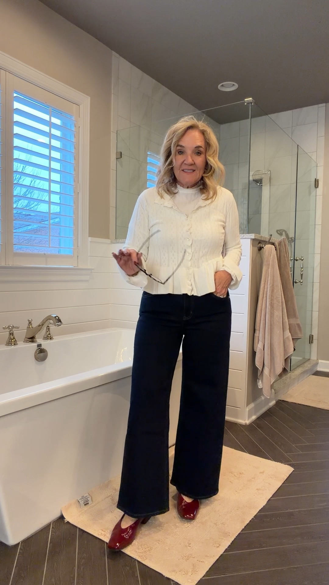 Walmart sweater and mock neck size medium 
Quince denim size 29 size up if inbetween
Merlot red flats sew lovely 
Bag is beautful leather 
35% off Allie & Bess jewelry code NANETTE35


#LTKPetite #LTKFindsUnder50 #LTKOver40