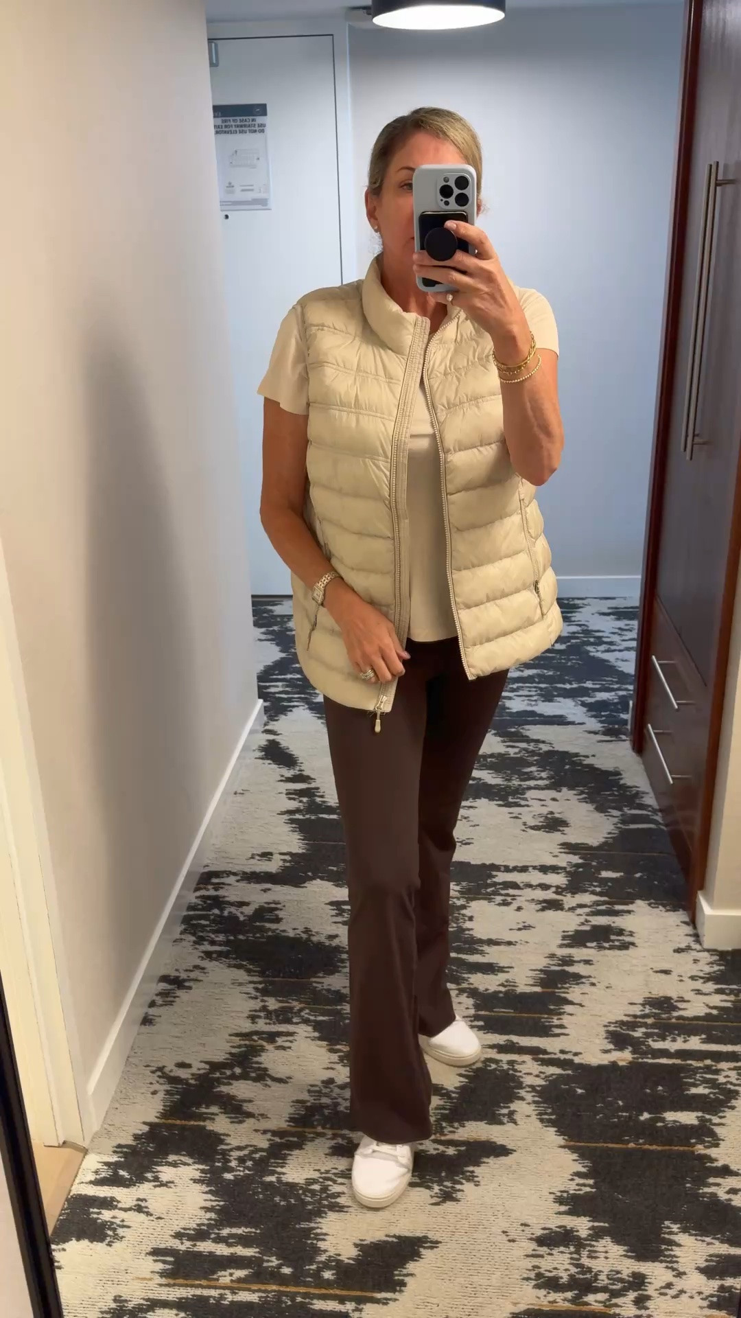 Travel Outfit early Fall. The color of the season for leggings! Pair with stone colored vest and tshirt. Walk miles exploring in these soft leather sneakers.

#LTKootd #LTKTravel #LTKOver40
