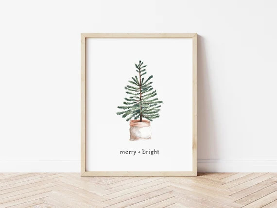 Christmas Wall Art Decor, Holiday Sign, Merry and Bright Printed Poster, Minimalist Boho Farmhous... | Etsy (US)