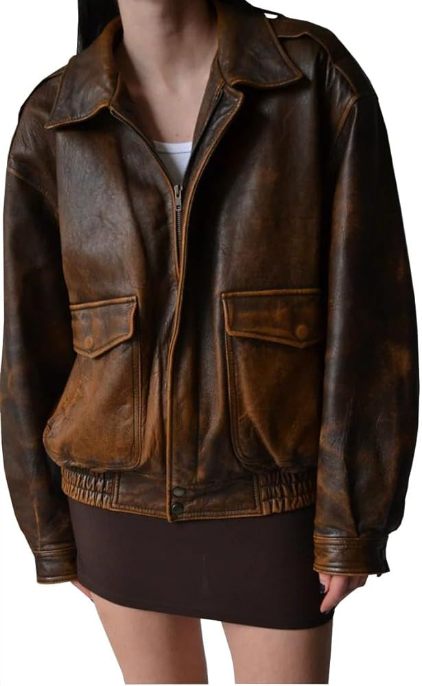 Women’s 90'S Vintage Oversized Bomber Classic Style Wear Brown Genuine Leather Jacket | Amazon (US)