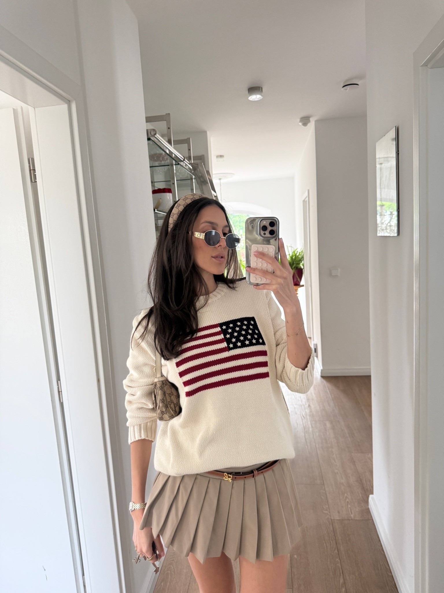 American Flag Pullover, pleated skirt, headband, gucci baguette bag & sunnies