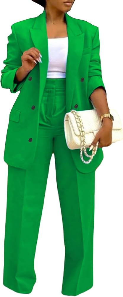 HuiSiFang Women's Business Casual Suits 2 Piece Dressy Blazer and Loose Straight Leg Pants Set | Amazon (US)