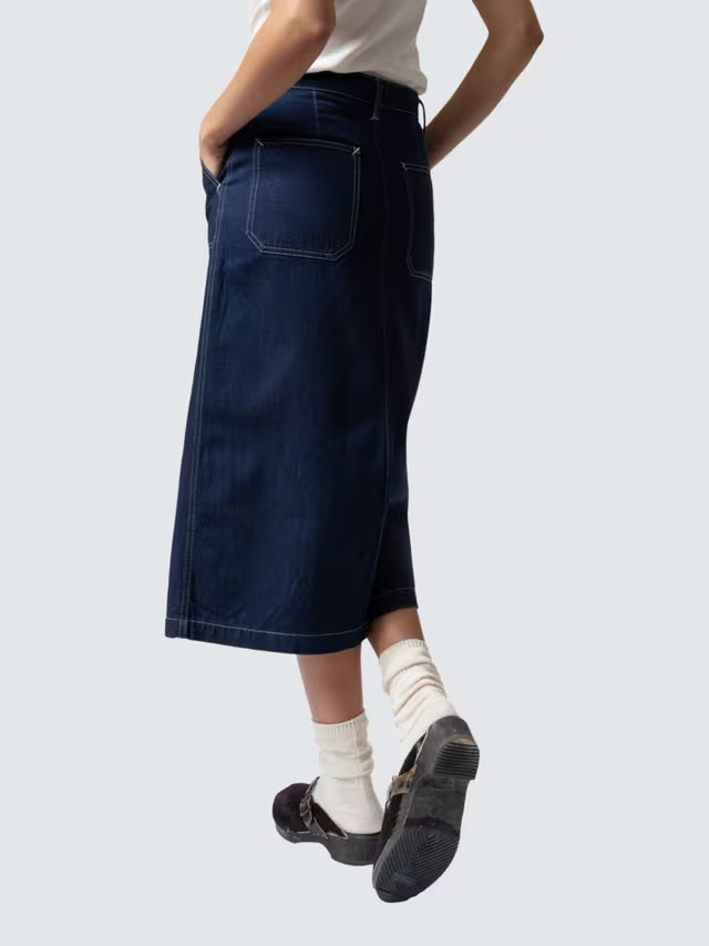 Nudie Jeans Boel Painter Denim Midi Skirt, Dark Blue | John Lewis (UK)