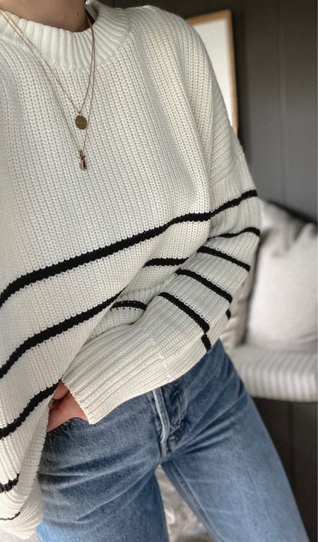 Cotton crewneck striped sweater, wearing size Small for oversized look. 