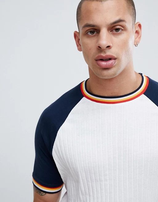 ASOS DESIGN raglan t-shirt in wide rib with contrast sleeves and rainbow tipping | ASOS US